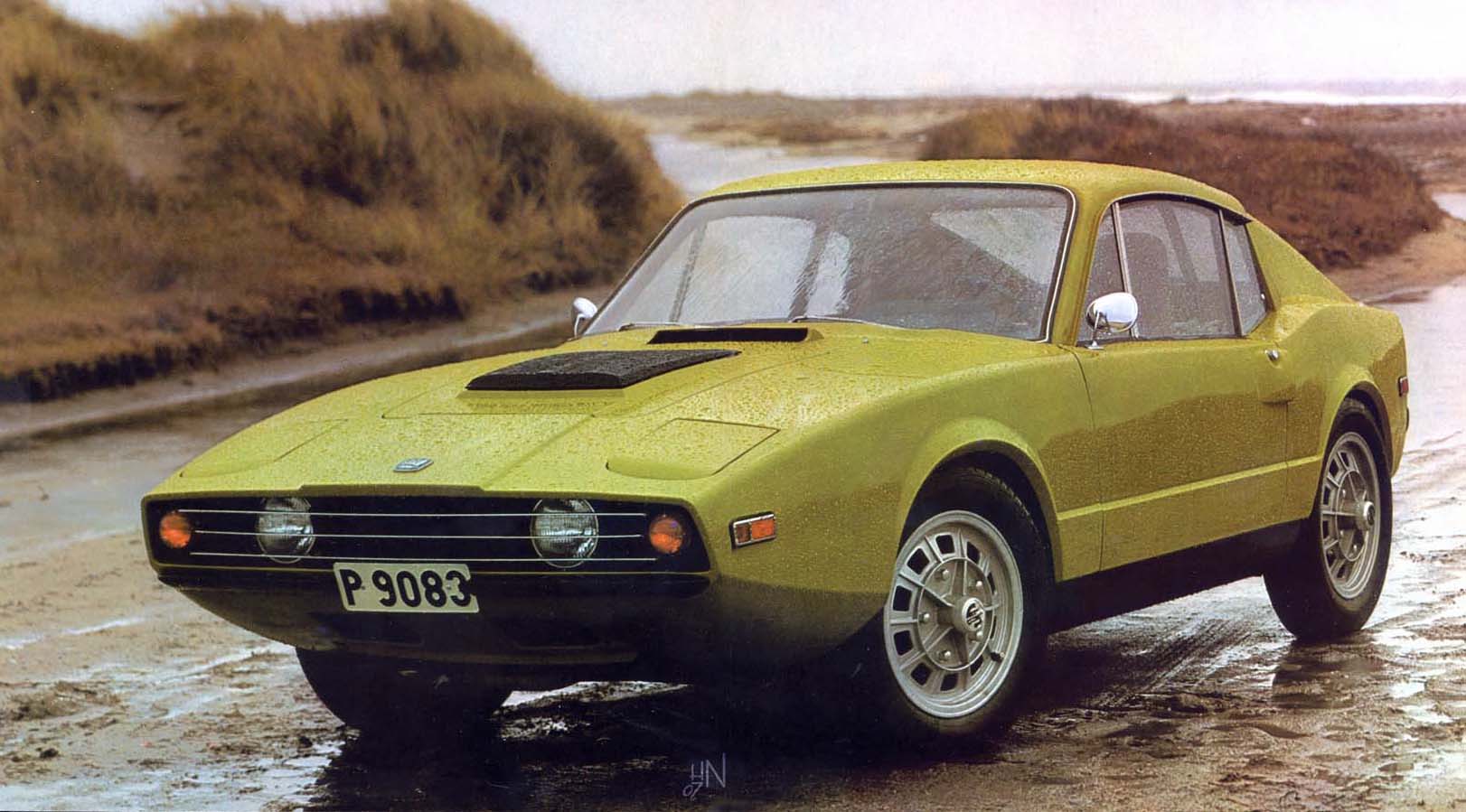 Lime-green vintage sports car photographed on a muddy coastal road, front-left angle with circular headlights and license plate P9083 on display.