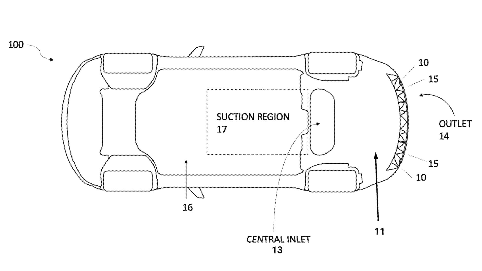 Schematic side view of a tubular device showing a central inlet, suction region, and outlet with flow arrows labeled 13, 17, and 14.