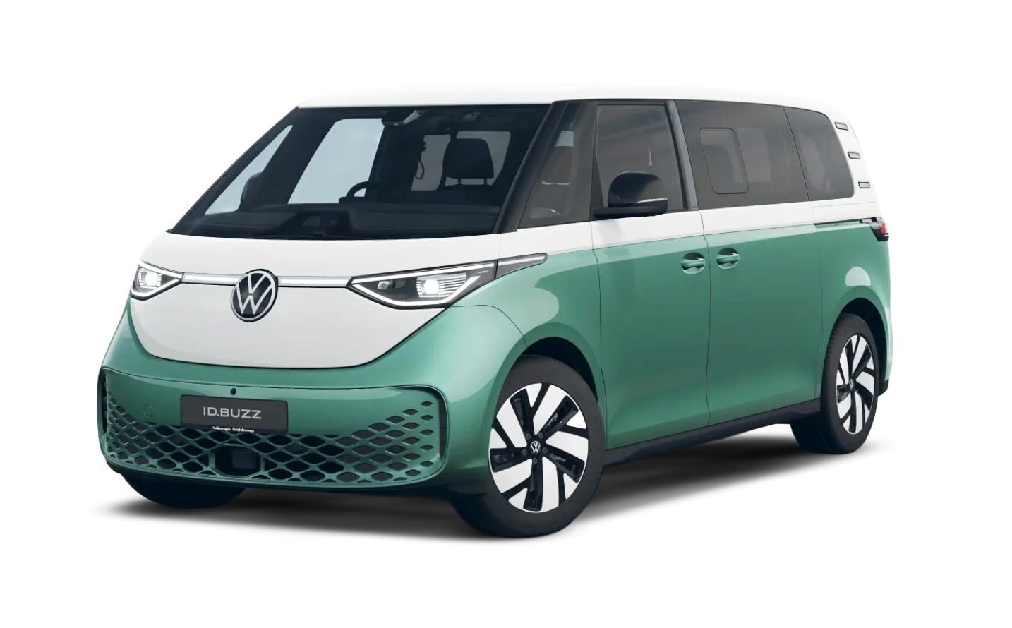 Two-tone white and green Volkswagen ID.Buzz electric minivan, front three-quarter view.