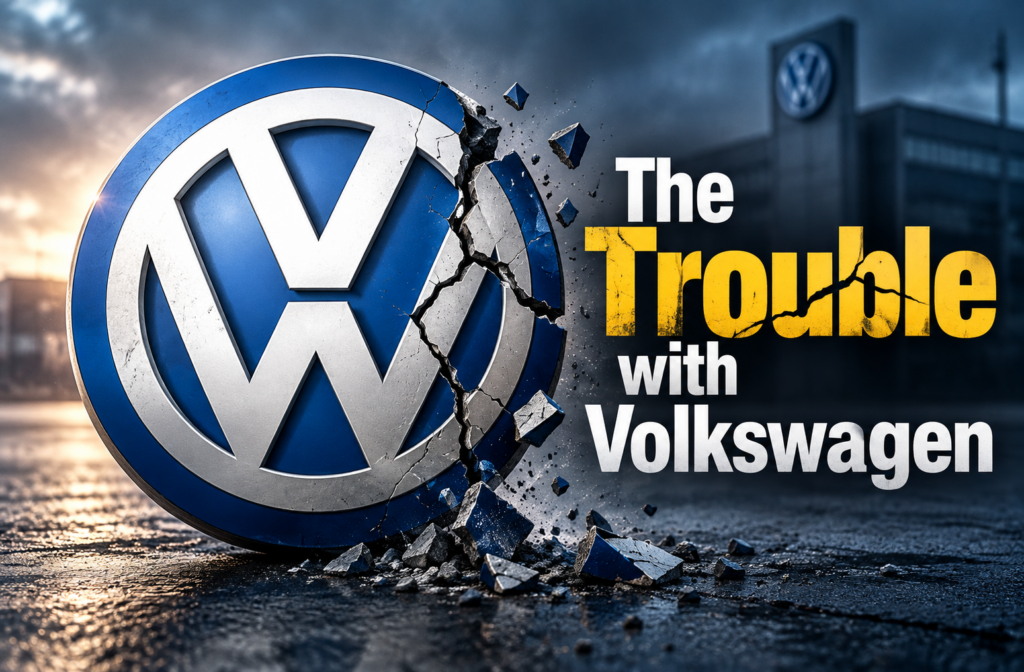 Cracked Volkswagen logo with rubble, accompanied by the bold title 'The Trouble with Volkswagen'.