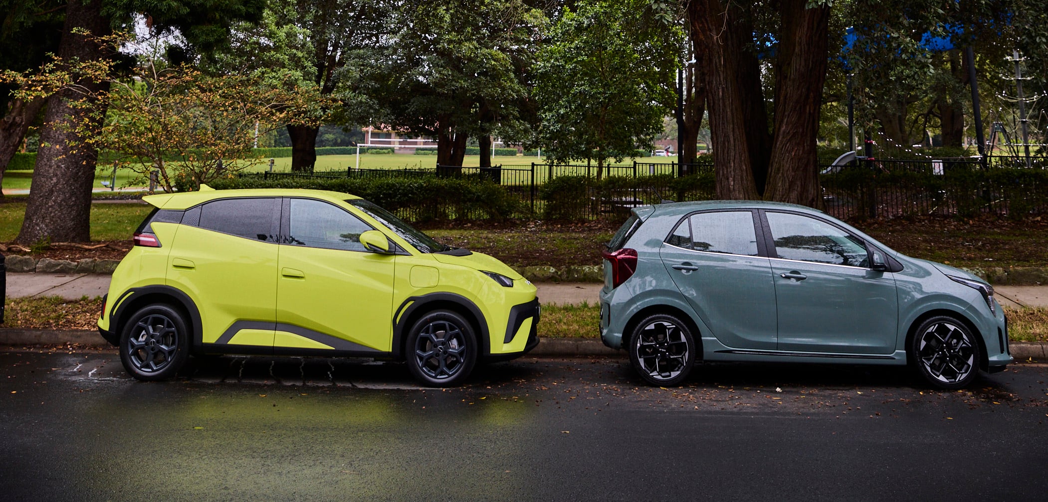 Two compact hatchback cars parked side by side on a wet street with a park and trees in the background (yellow-green and light blue).