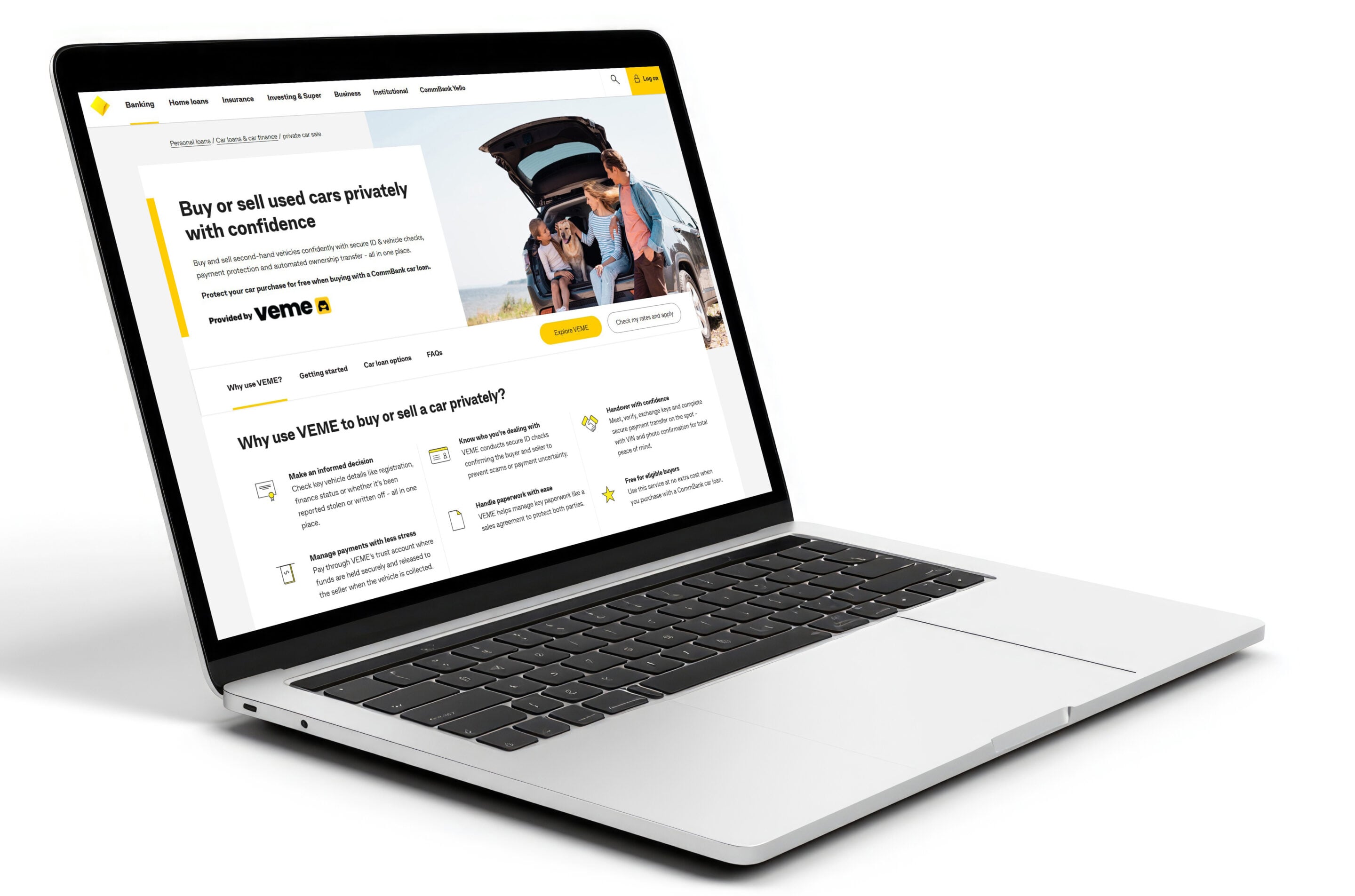Laptop displaying a bank site with a 'Buy or sell used cars privately with confidence' banner and a family by a car.