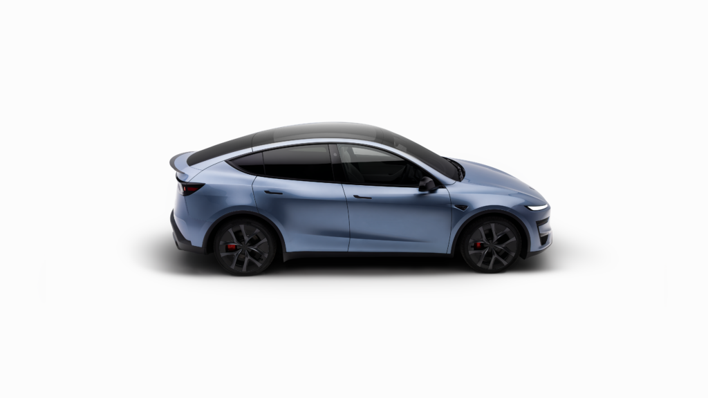 Blue electric car shown in a low-angle side view, highlighting sleek curves and large wheels