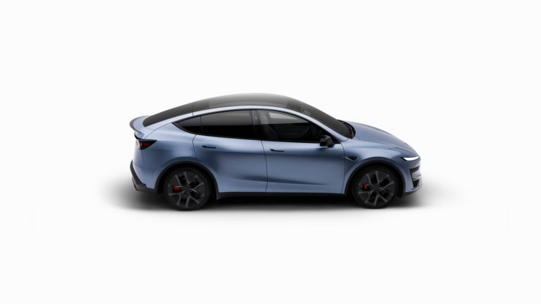 Blue electric car shown in a low-angle side view, highlighting sleek curves and large wheels