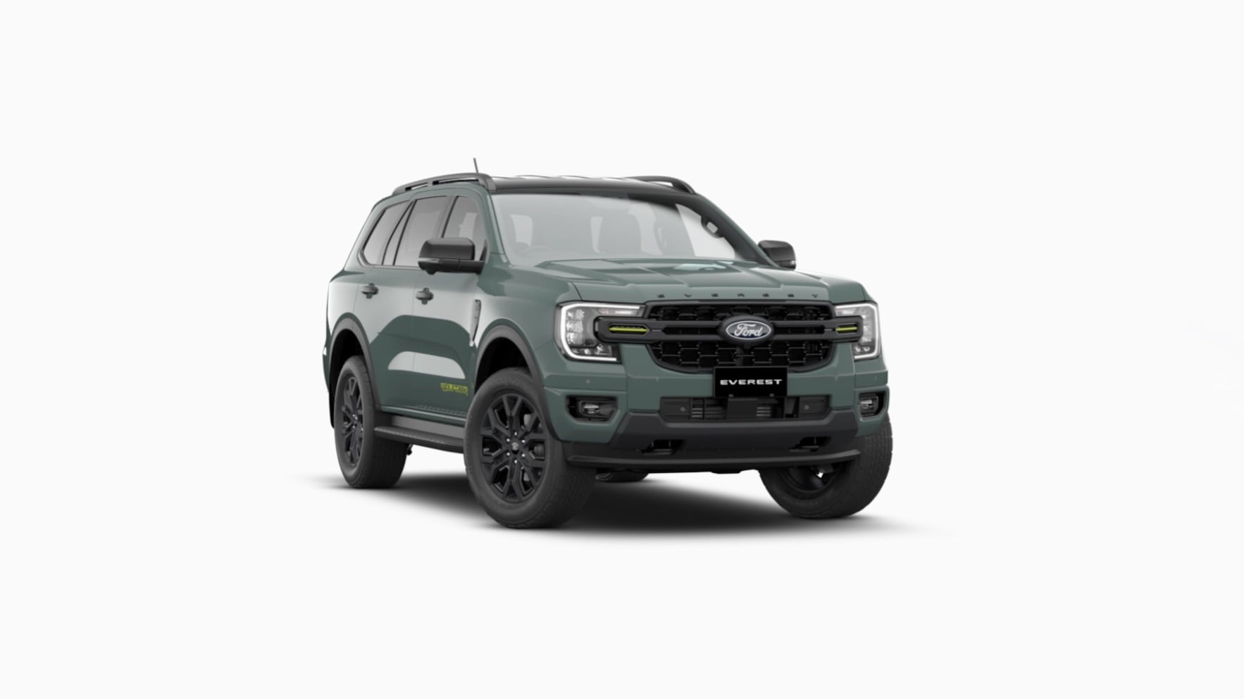 Three-quarter front view of a green Ford Everest SUV on a white studio backdrop.