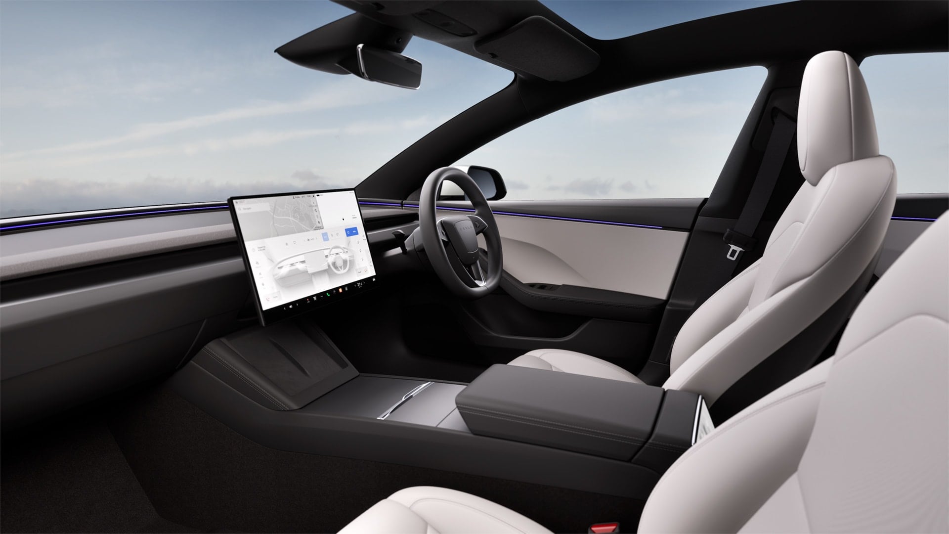Futuristic car cockpit with a large touchscreen dashboard, steering wheel, and white leather seats